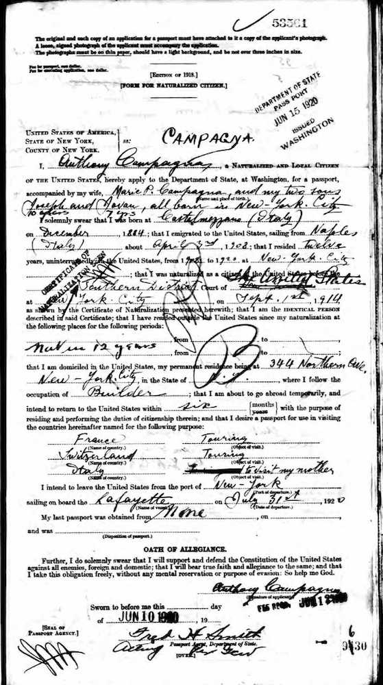 Anthony Campagna Passport Application – Marabella Family